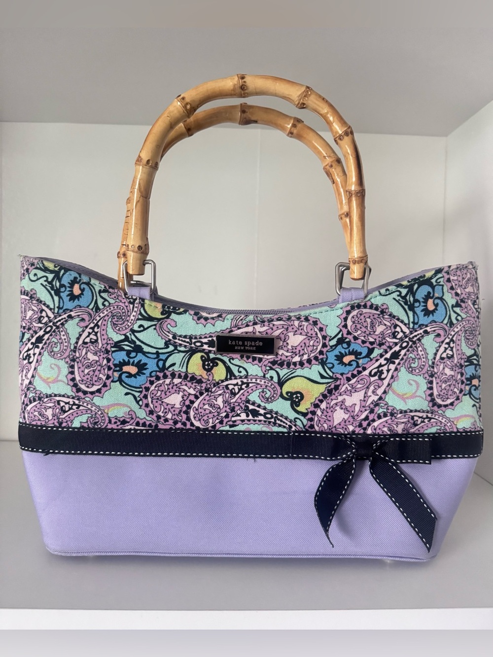 KATE SPADE Vintage Purple Paisley Fabric Bag with Bamboo Handles - EUC